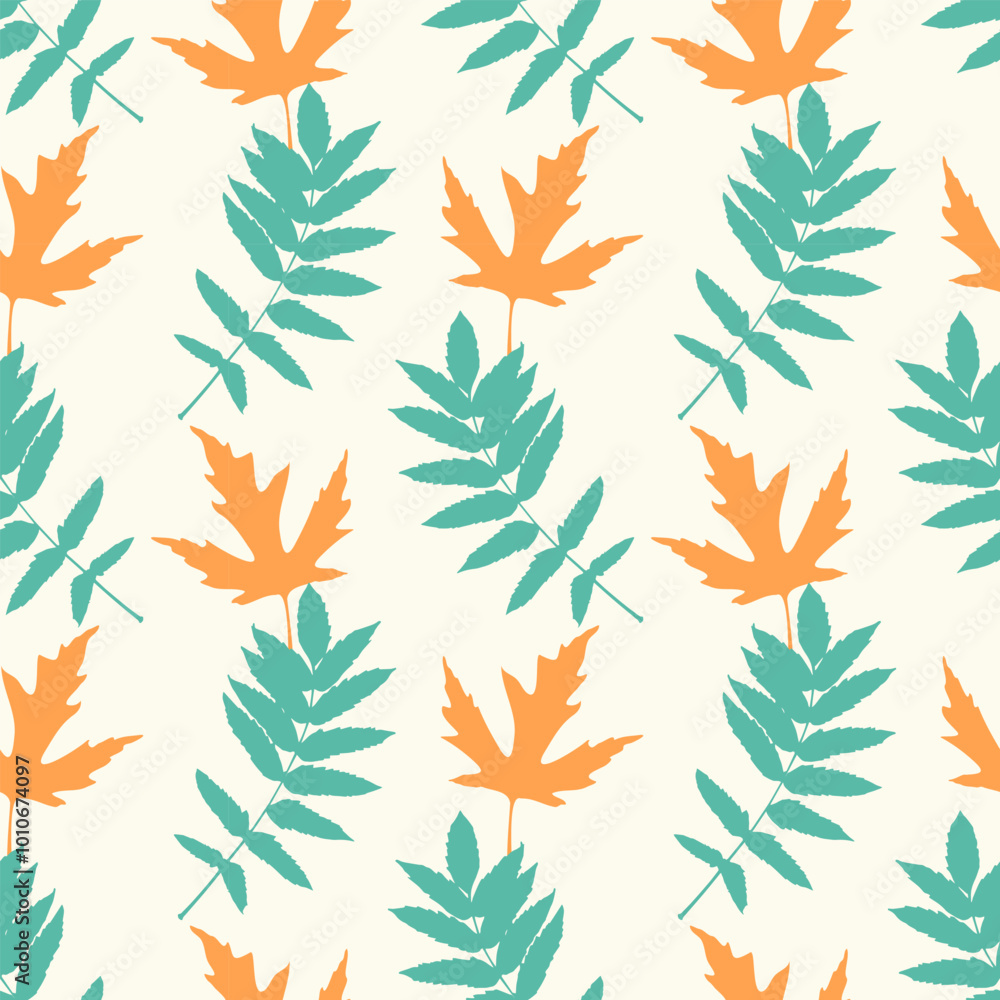 Leaves pattern, blue and orange silhouettes of leaves on light beige background. Seamless repeating pattern for packaging, wallpaper, textile, wrapping, decor. Leaves pattern, blue and orange silhouettes of leaves on light beige background. Seamless repeating pattern for packaging, wallpaper, textile, wrapping, decor.