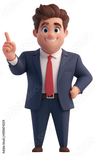 A cheerful character in a suit gestures confidently, showcasing a friendly demeanor with a professional appearance isolated on transparent background.