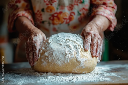 Hands Kneading Dough with Flour on Wooden Table photo