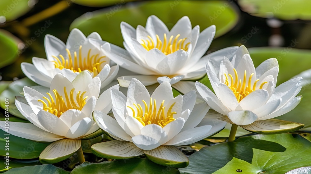 White water lilies blooming on a serene pond, their delicate petals contrasting against the deep green of the lily pads. White water lilies blooming on a serene pond, their delicate petals contrasting against the deep green of the lily pads.