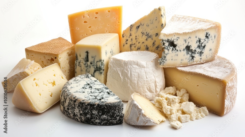 A variety of cheeses displayed artistically on a white background. A variety of cheeses displayed artistically on a white background.