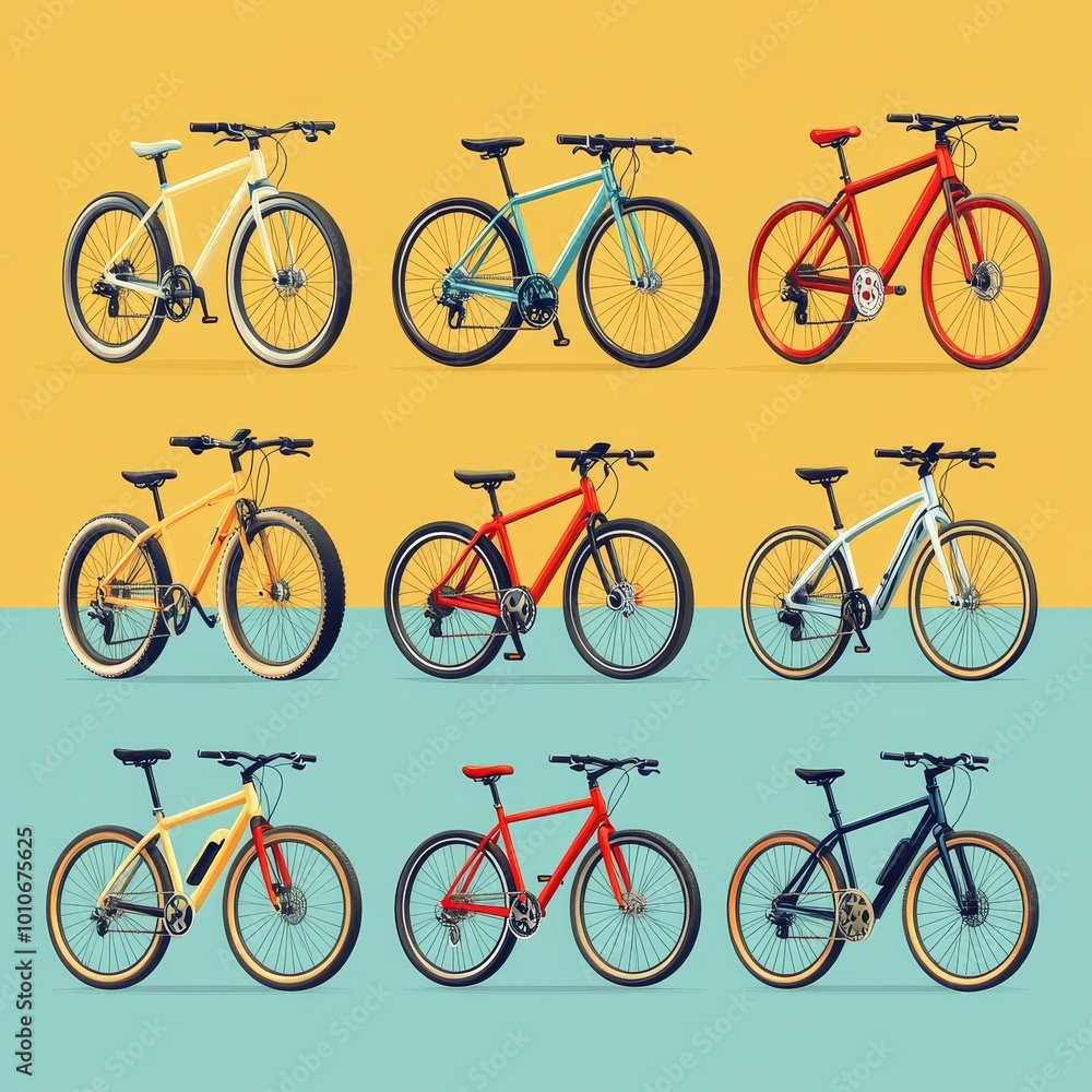 Set of Nine Modern City Bikes in Different Colors Set of Nine Modern City Bikes in Different Colors