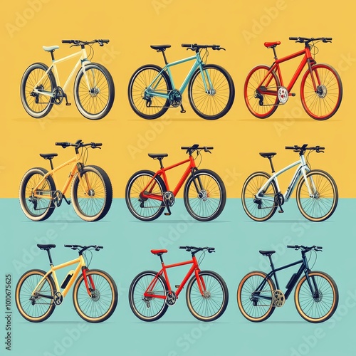 Set of Nine Modern City Bikes in Different Colors