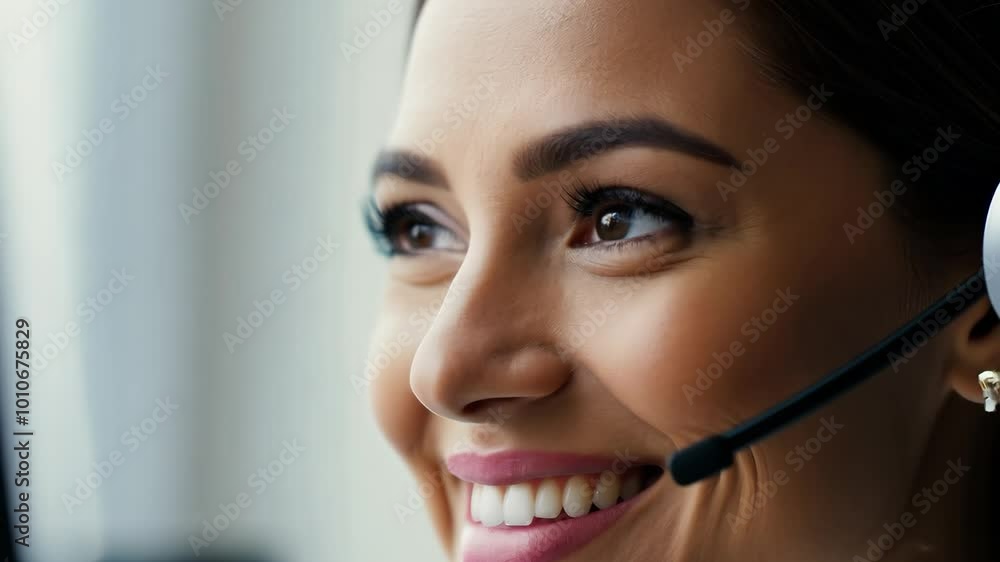 Smiling customer support agent with headset providing excellent service Smiling customer support agent with headset providing excellent service