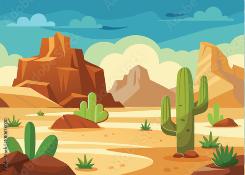 Thickets of cacti. Landscape in desert with sand and stones. Rocks and cliffs. Wildlife. Cartoon fun style. Flat design. Vector 