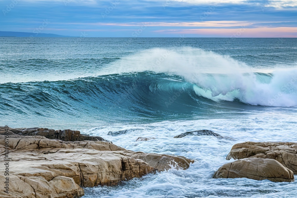 A vibrant seascape with a powerful wave crashing onto a rocky shore A vibrant seascape with a powerful wave crashing onto a rocky shore
