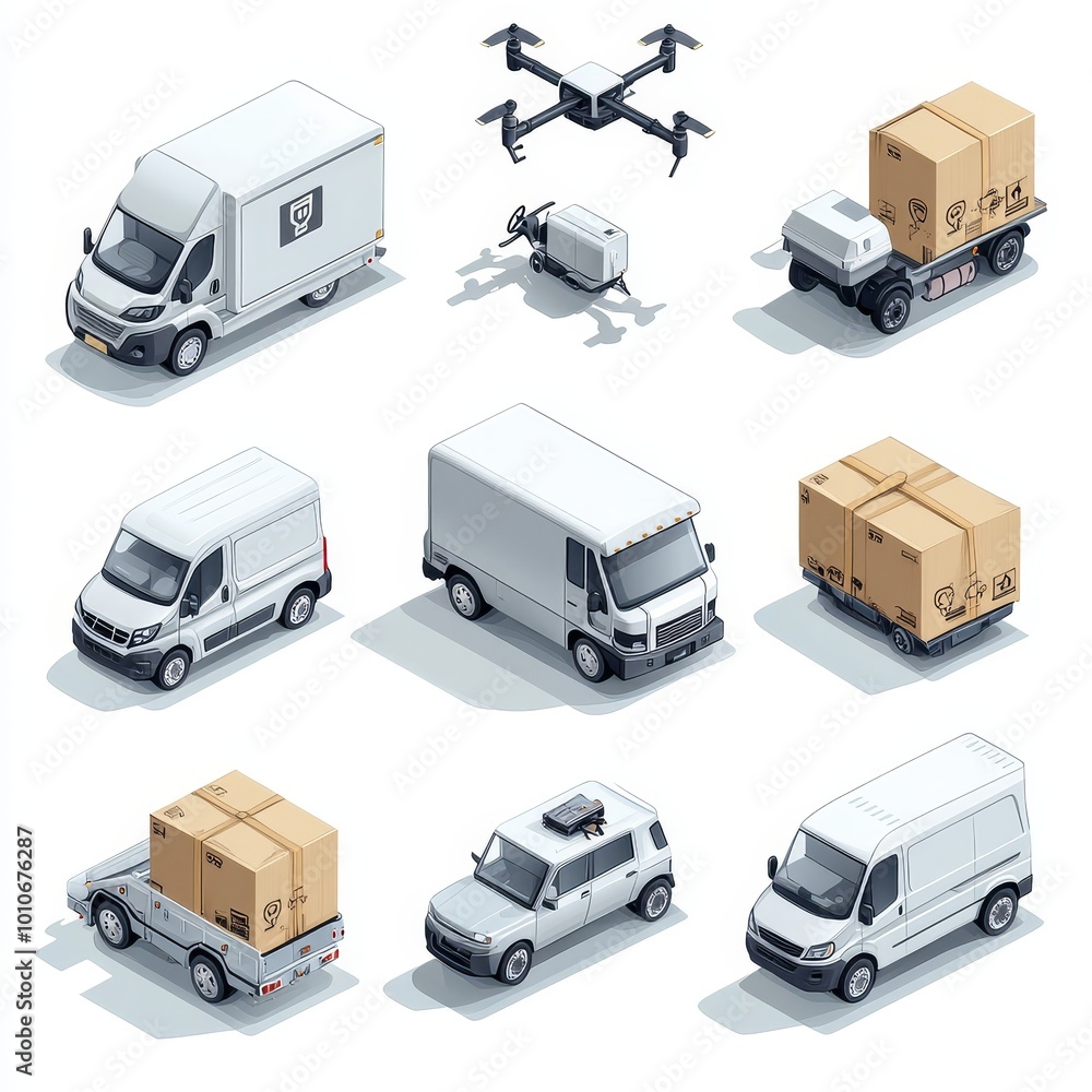 Delivery Vehicles Van Truck Cargo Box Drone Isometric Illustration Delivery Vehicles Van Truck Cargo Box Drone Isometric Illustration