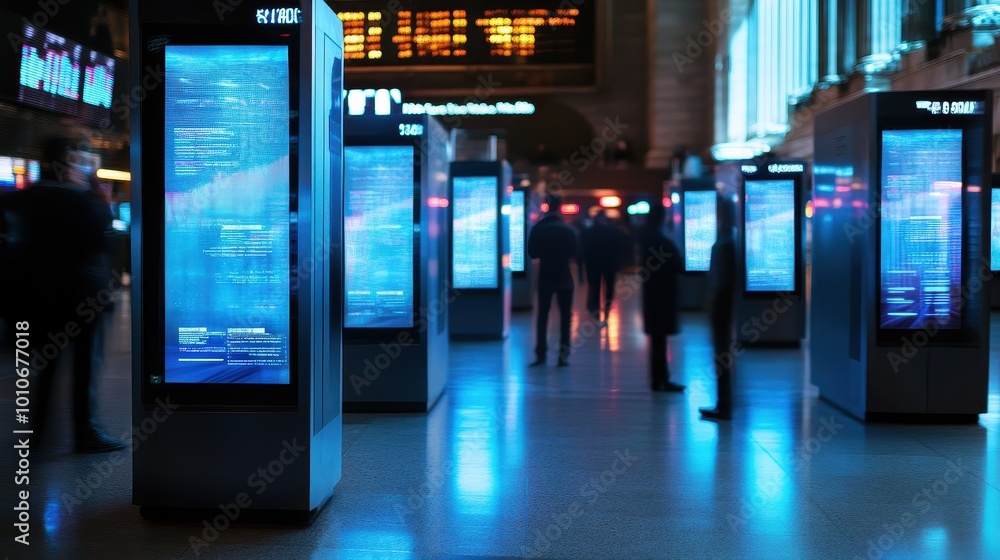 Futuristic Digital Displays in a Dimly Lit Hallway Futuristic Digital Displays in a Dimly Lit Hallway