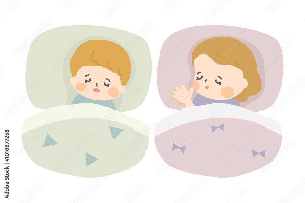 ベッドで眠っている小さな子供たちのイラスト ベッドで眠っている小さな子供たちのイラスト