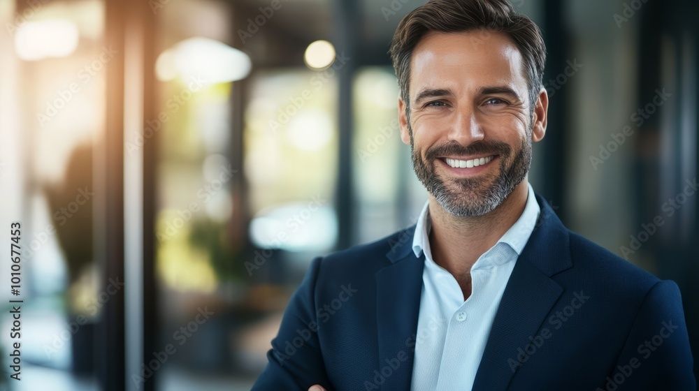 Confident Businessman Smiling in Office Setting Confident Businessman Smiling in Office Setting