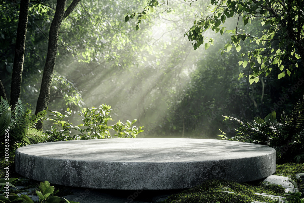 A serene forest scene featuring a circular stone platform surrounded by lush greenery and soft rays of sunlight. A serene forest scene featuring a circular stone platform surrounded by lush greenery and soft rays of sunlight.