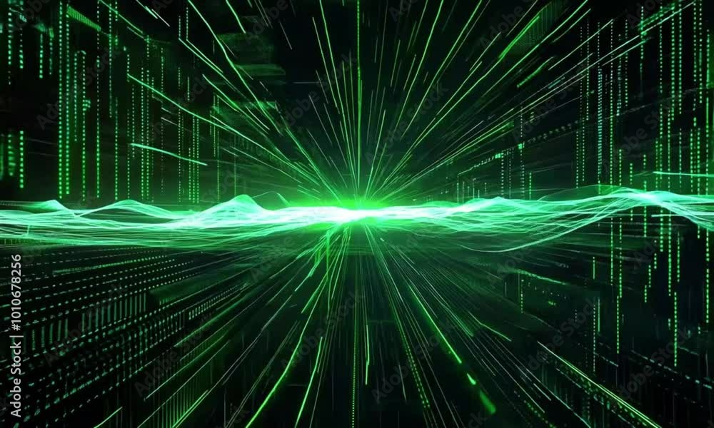 Glowing Green Matrix of Digital Data Streams in a Futuristic Network Glowing Green Matrix of Digital Data Streams in a Futuristic Network