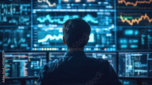 A Trader Analyzes Financial Data on Multiple Screens in a Dark Room