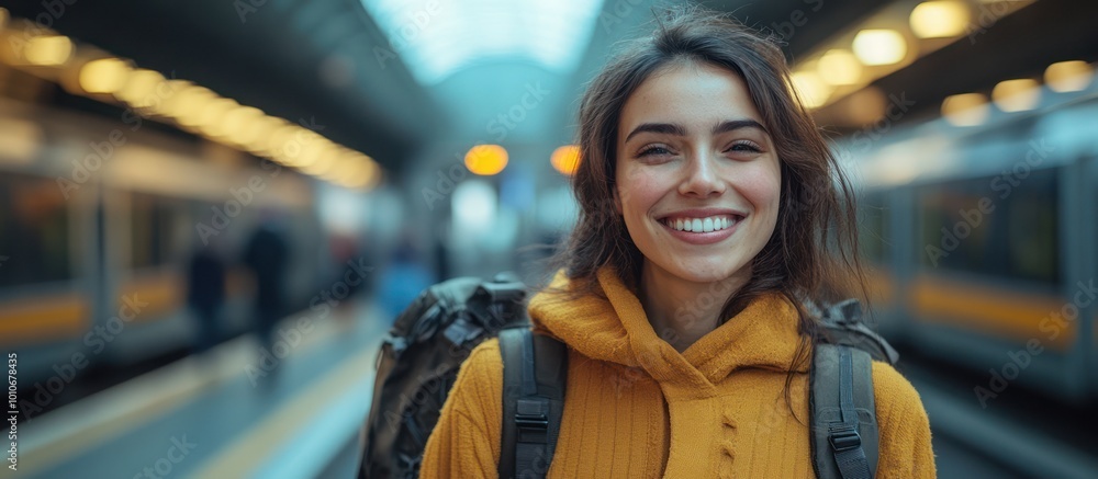 Fototapeta premium Young woman with backpack smiling at camera on a train platform.
