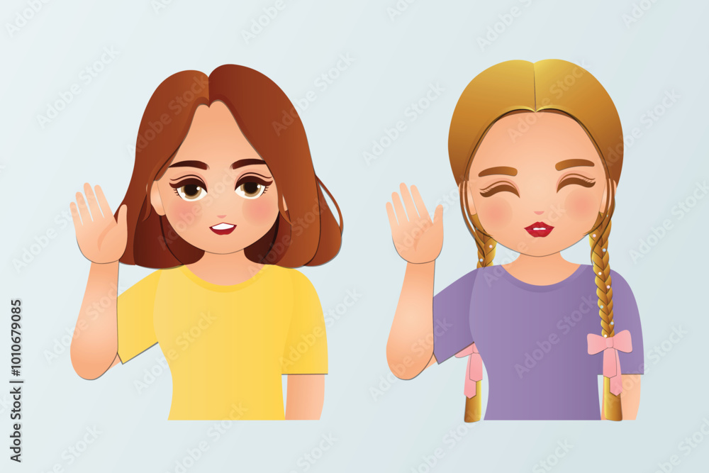 Cheerful Young women greeting with Waving Hand and saying hi or goodbye Cheerful Young women greeting with Waving Hand and saying hi or goodbye