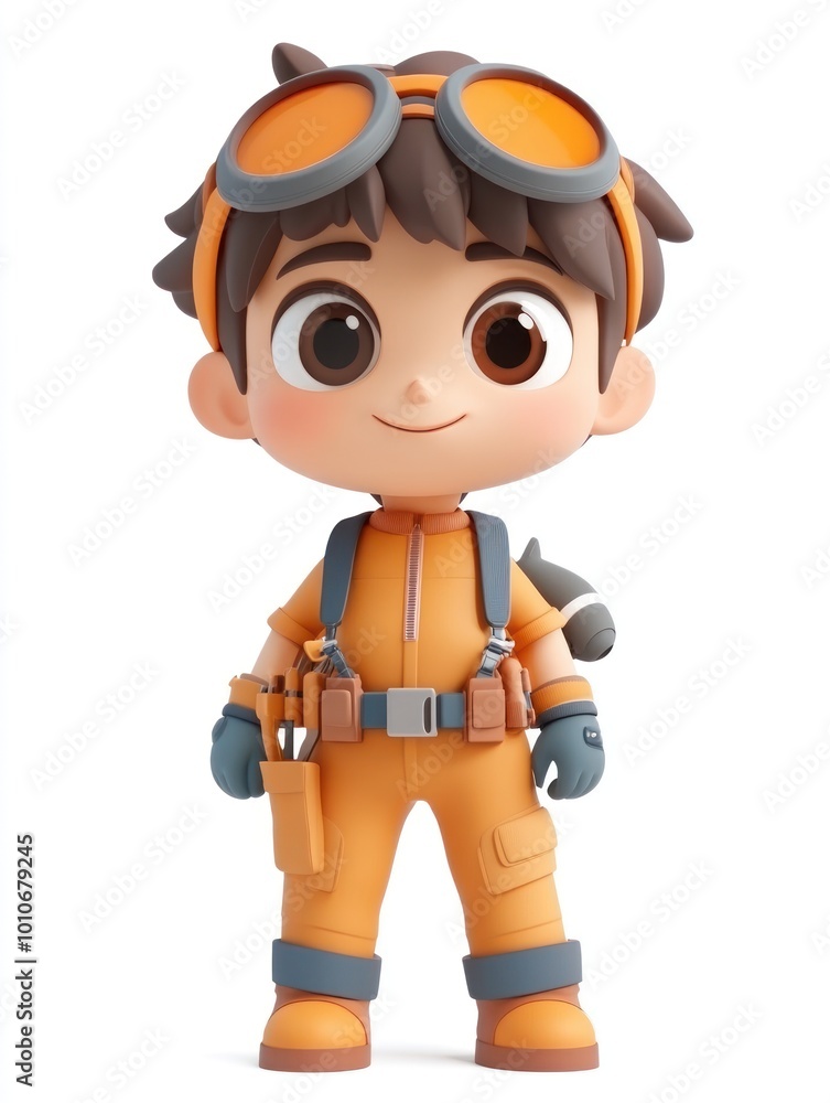 A cheerful cartoon character in an orange outfit with goggles, ready for adventure. A cheerful cartoon character in an orange outfit with goggles, ready for adventure.