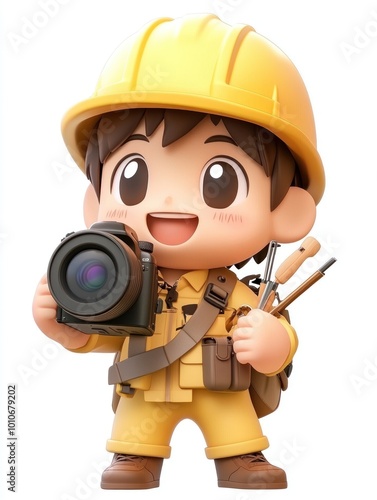 A cheerful cartoon character wearing a hard hat, holding a camera, ready for an adventure.