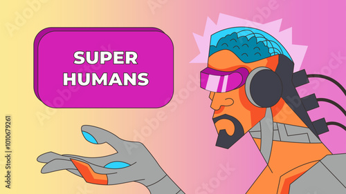 Super people banner in comic style. Futuristic human from the future with the help of AI shows a sign with a phrase from his hand. Flat vector illustration.