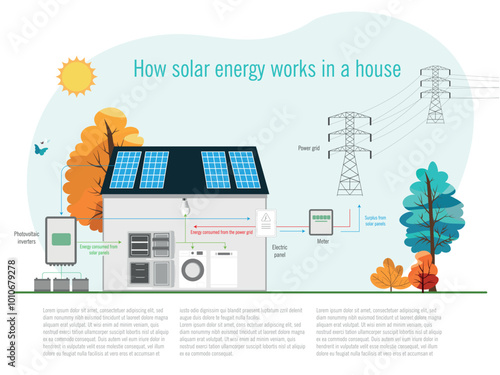 Operation of Solar Energy in Homes.Detailed infographic on how solar energy integrates into a home, from solar panels to appliance consumption, illustrating energy flow and grid connection.