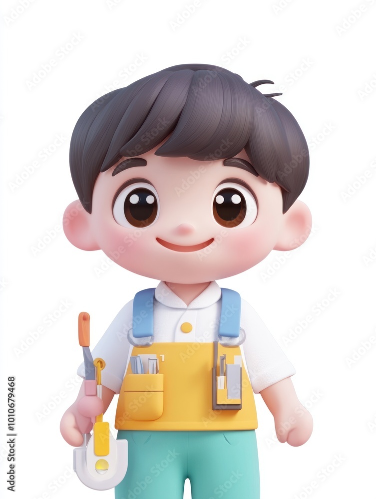 A cheerful cartoon character holding tools, dressed in a colorful outfit for a friendly vibe. A cheerful cartoon character holding tools, dressed in a colorful outfit for a friendly vibe.