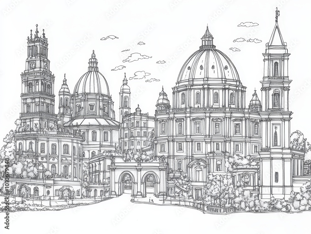 Hand Drawn Architectural Sketch of European Cityscape with Churches and Dome Hand Drawn Architectural Sketch of European Cityscape with Churches and Dome