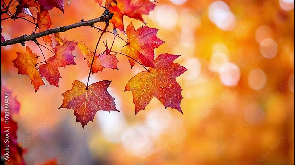 A close-up of a maple tree branch heavy with bright red and orange leaves, the background softly blurred, focusing attention on the detailed textures and colors of the foliage A close-up of a maple tree branch heavy with bright red and orange leaves, the background softly blurred, focusing attention on the detailed textures and colors of the foliage