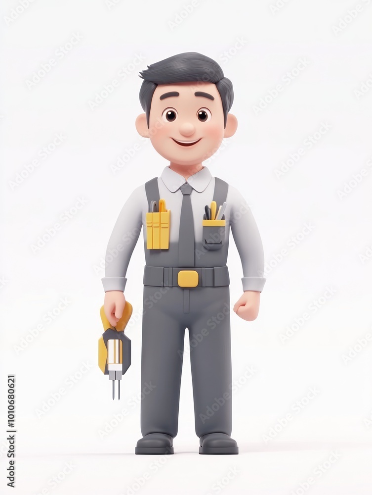 A cheerful cartoon character in work attire holding tools, representing a professional worker. A cheerful cartoon character in work attire holding tools, representing a professional worker.
