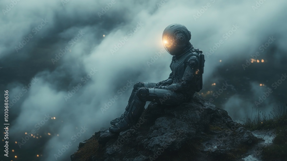 A lone robotic figure sits on a rocky outcrop amidst fog and lights. A lone robotic figure sits on a rocky outcrop amidst fog and lights.