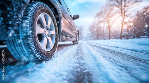 Close-up View of Car Tires on Snowy and Icy Road, Showcasing Winter Driving Conditions and Tire Grip on Slippery Surfaces. Vehicle Safety, Traction, and Performance in Harsh Cold Weather Environments.