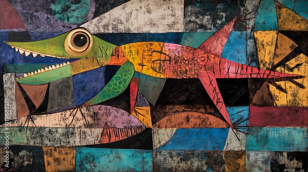 Obraz premium Abstract Cubist Lizard Painting: Colorful Geometric Wildlife Art