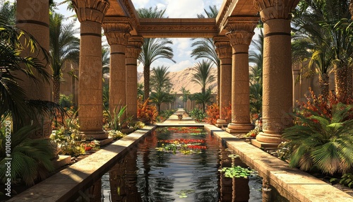 Stone pillar pergola in an Egyptian desert setting with water features.