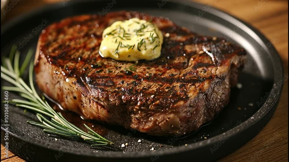 Juicy grilled ribeye steak on a rustic dark stone plate, garnished with rosemary and melted herb butter on top. Juicy grilled ribeye steak on a rustic dark stone plate, garnished with rosemary and melted herb butter on top.