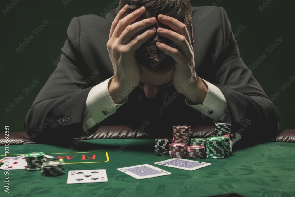 A man in formal attire sits at a poker table, head in hands, surrounded by scattered chips and cards, embodying the despair of gambling addiction and financial ruin. A man in formal attire sits at a poker table, head in hands, surrounded by scattered chips and cards, embodying the despair of gambling addiction and financial ruin.