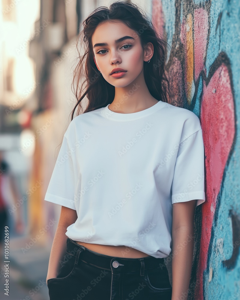 Fototapeta premium A model in a white t-shirt poses confidently against a graffiti wall, embodying modern street fashion.