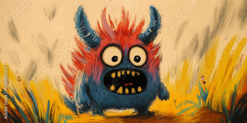 Cute Monster Illustration for Kids: Colorful and Fun Character with Fluffy Fur and Silly Expression, Perfect for Children's Stories, Playful Themes, and Halloween Events photo