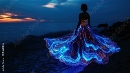 Enchanting Woman in Glowing Iridescent Dress Against Ocean Sunset at Twilight