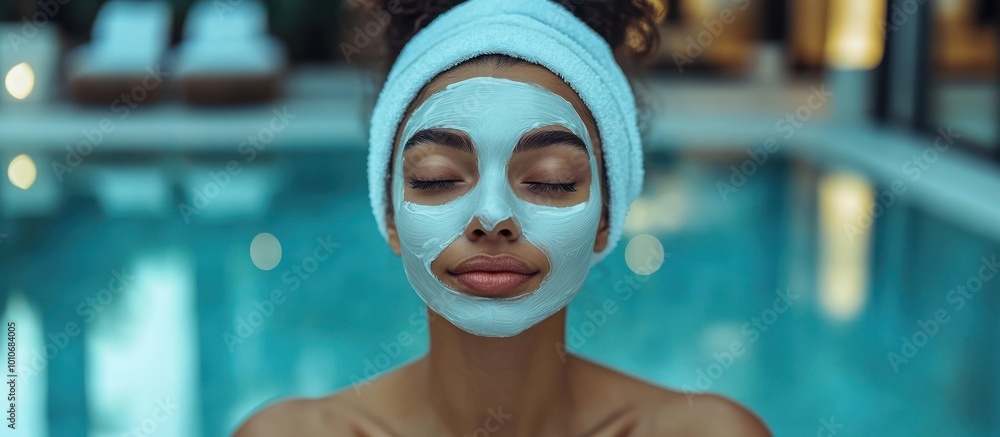 Woman with a face mask relaxing by a pool. Woman with a face mask relaxing by a pool.