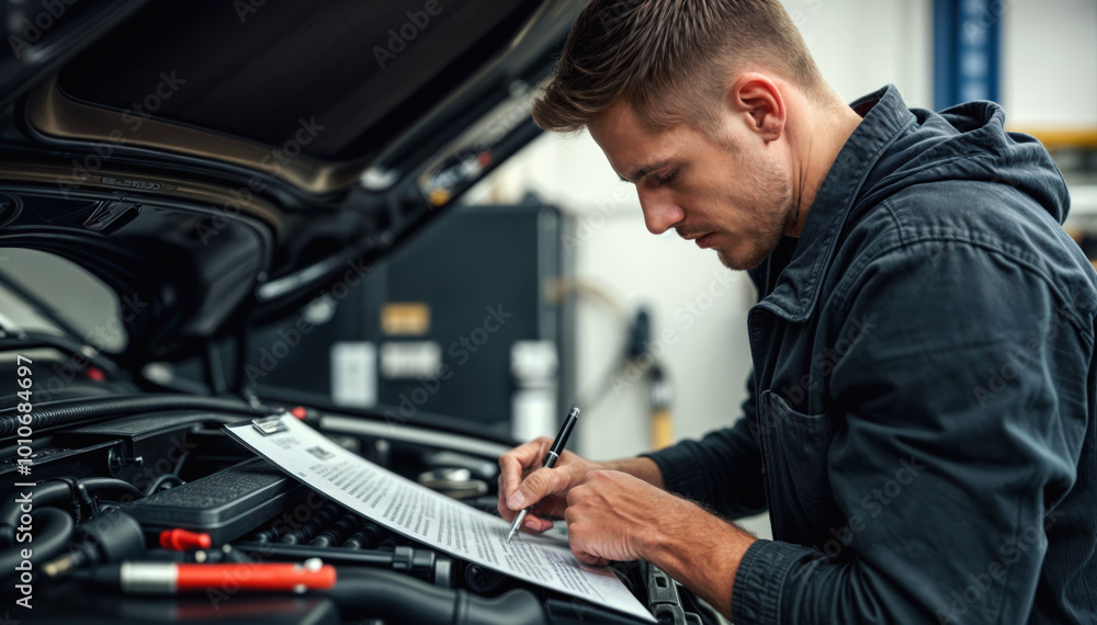 Auto mechanic checking car engine in repair shop. Service technician working on automobile motor inspection. Young adult male repairman examining vehicle part with expertise and concentration. Auto mechanic checking car engine in repair shop. Service technician working on automobile motor inspection. Young adult male repairman examining vehicle part with expertise and concentration.