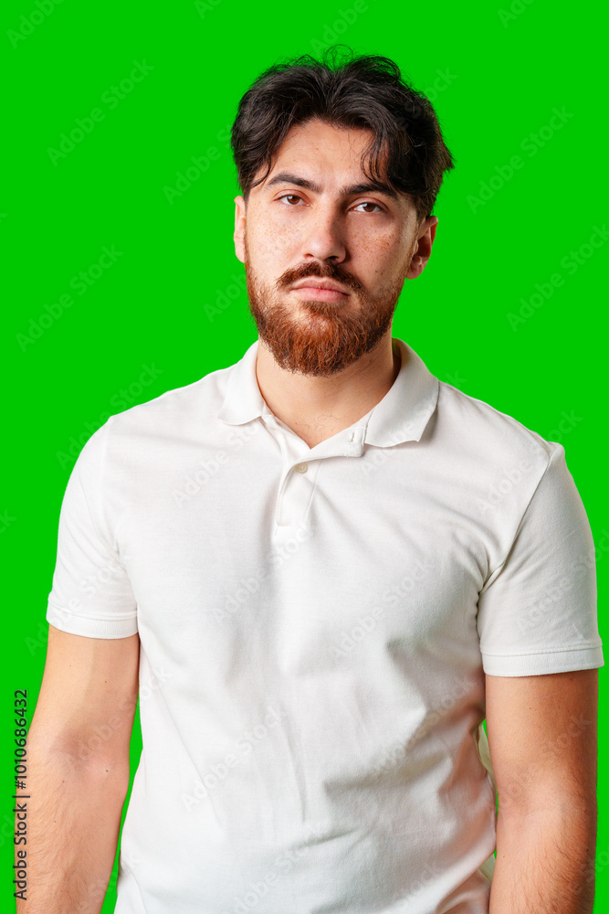A man with a serious expression stands against a vibrant green background A man with a serious expression stands against a vibrant green background