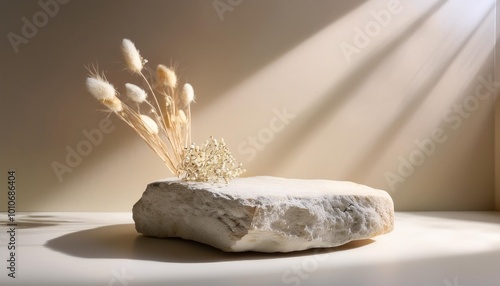 A minimalist aesthetic captured in a single image, featuring dried flowers and natural stones against a neutral background