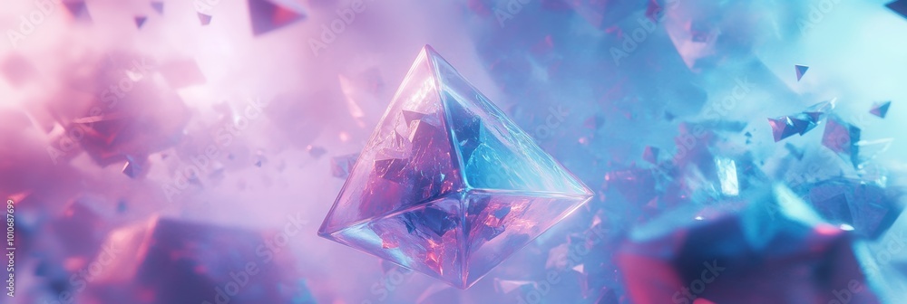 Abstract translucent tetrahedron floating in a digital space