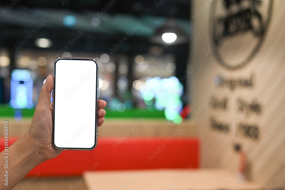 Hand holding a smartphone with a blank screen on blurred coffee shop background Hand holding a smartphone with a blank screen on blurred coffee shop background