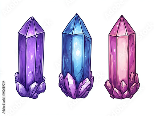 Vibrant Crystal Gems: Purple, Pink, and Blue Illustration photo