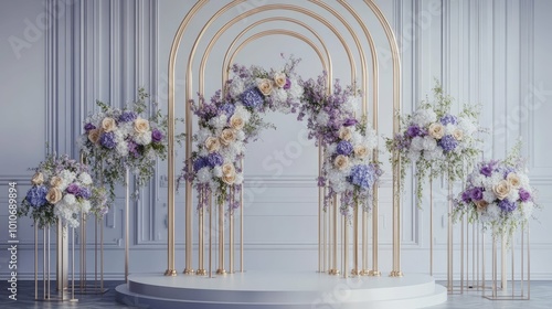 A gold archway decorated with white, purple and yellow flowers stands on a circular platform against a white wall with vertical lines, ideal for a wedding ceremony or other special event.