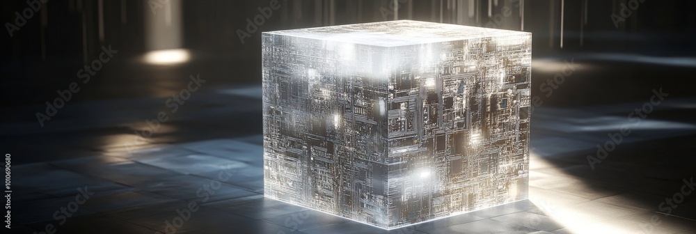 High-tech cube of 3D blocks with digital patterns and lights