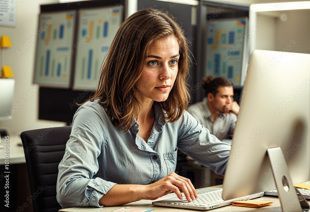 Woman working on computer - a woman working in office room. Manager, employee, staff, businesswoman Woman working on computer - a woman working in office room. Manager, employee, staff, businesswoman