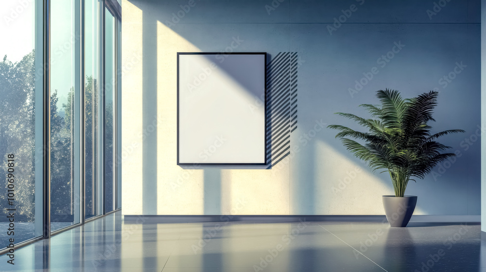 Sun shining through office window illuminating blank frame with plant Sun shining through office window illuminating blank frame with plant