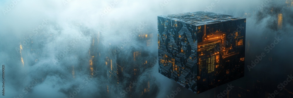 Geometric cube of synthetic blocks with futuristic lighting