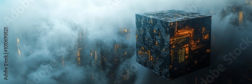 Geometric cube of synthetic blocks with futuristic lighting