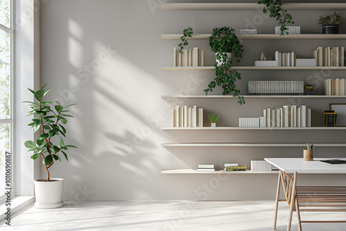 Office interior backdrop for online meetings. Light home office setting bookshelves background. Minimalist online workspace aesthetics. Video conferencing room design in pastel tones.